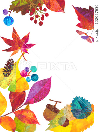 秋の紅葉した、落ち葉や木の実でデザインした縦型の囲みフレーム。カラフルなペインティングテクスチャ 秋の紅葉した、落ち葉や木の実でデザインした縦型の囲みフレーム。カラフルなペインティングテクスチャ 132057656