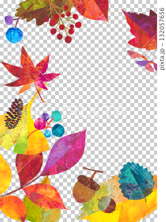 秋の紅葉した、落ち葉や木の実でデザインした縦型の囲みフレーム。カラフルなペインティングテクスチャ 秋の紅葉した、落ち葉や木の実でデザインした縦型の囲みフレーム。カラフルなペインティングテクスチャ 132057656