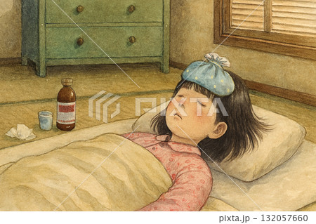 昭和の情景　風邪をひいた女の子 132057660