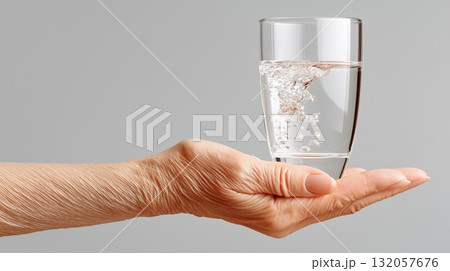 Elderly caucasian female hand holding a glass of water with bubbles against a gray background Elderly caucasian female hand holding a glass of water with bubbles against a gray background 132057676