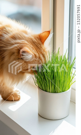 Orange tabby cat sniffing fresh green grass in a white pot by a sunny window 132057691