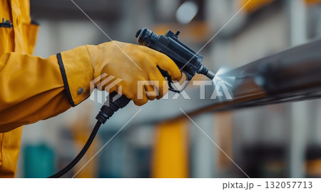 Industrial worker using paint spray gun in factory for metal coating 132057713