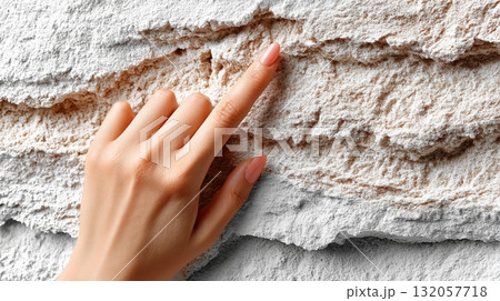 Female hand touching rough white stone texture surface close-up 132057718