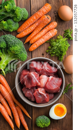 Fresh ingredients for cooking: raw meat, vegetables, and eggs on wooden table. Species-specific pet food concept 132057726