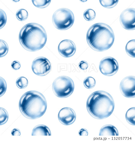 Seamless pattern of delicate air bubbles float in a serene aquatic dance,captured in soft blue watercolor monochrome.For ocean-inspired projects.Hand drawn illustration for aquatic template 132057734