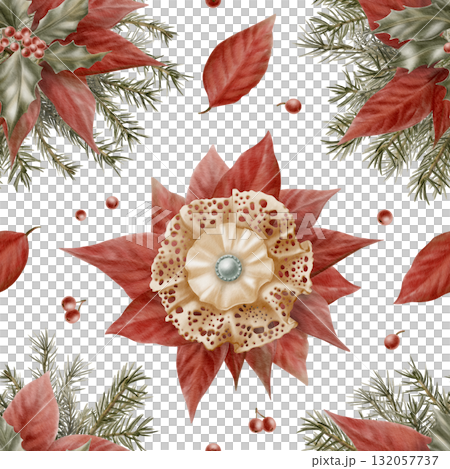 Vintage Christmas seamless pattern of red poinsettia flowers,holly leaves with berries, spruce branches lace bow brooch with silk insert in beige with pearl and beads on white background 132057737