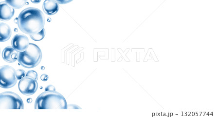 Delicate air bubbles float in cemicircular frame,captured in soft blue watercolor monochrome.For ethereal designs and ocean-inspired projects.Hand drawn illustration for aquatic arrangements 132057744