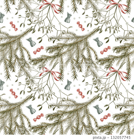 Vintage Christmas seamless pattern of spruce branches with candies,mistletoe branches and berries as a symbol of holiday,miracle.Watercolor patern on white background for cards,invitations,package Vintage Christmas seamless pattern of spruce branches with candies,mistletoe branches and berries as a symbol of holiday,miracle.Watercolor patern on white background for cards,invitations,package 132057745