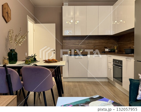 new stylish kitchen set in a modern apartment interior new stylish kitchen set in a modern apartment interior 132057955