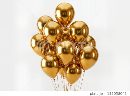 Luxurious metallic gold balloons bunch on white background with glossy reflections celebration decor for party New Year 132058041