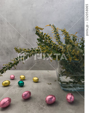 Celebrating orthodox easter with chocolate eggs and mimosa flowers in prague copy space gray background Celebrating orthodox easter with chocolate eggs and mimosa flowers in prague copy space gray background 132058065