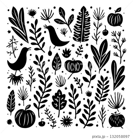Whimsical Autumnal Black and White Vector Pattern with Pumpkins, Leaves, and Birds 132058097