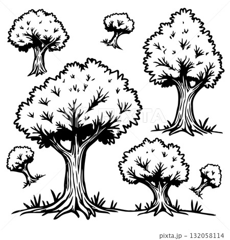 Monochrome Collection of Trees in Hand-Drawn Style for Decorative Applications 132058114