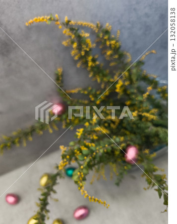 Mimosa branches and chocolate eggs celebrating orthodox easter in prague gray background Mimosa branches and chocolate eggs celebrating orthodox easter in prague gray background 132058138