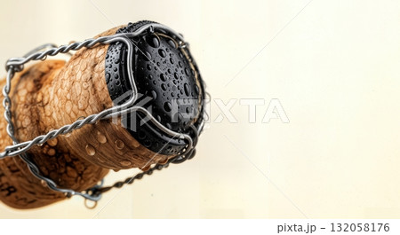 Champagne cork covered in condensation droplets macro closeup on light background festive New Year celebration and party  concept 132058176