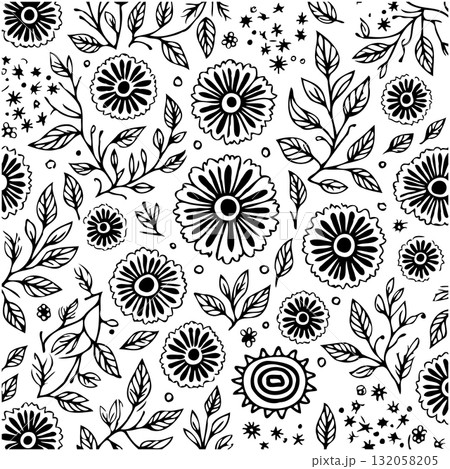 Floral Pattern with Hand-Drawn Flowers and Leaves, Decorative Seamless Design Floral Pattern with Hand-Drawn Flowers and Leaves, Decorative Seamless Design 132058205