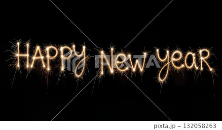 Happy New Year sparkler light painting lettering on black background glowing festive greeting text for celebration  132058263