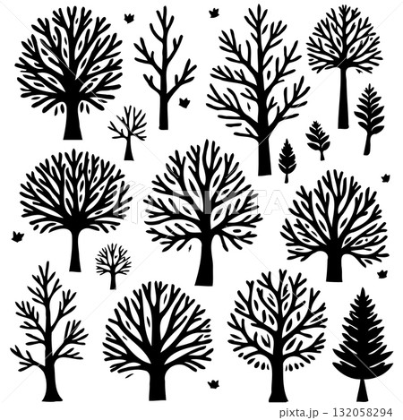 Set of Hand-Drawn Tree Silhouettes Isolated on White Background to celebrate nature Set of Hand-Drawn Tree Silhouettes Isolated on White Background to celebrate nature 132058294