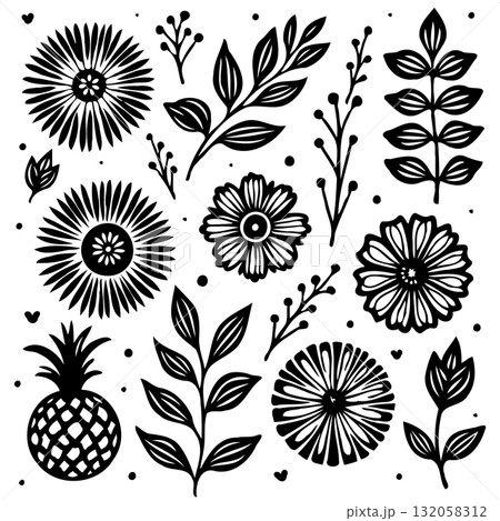 Elegant Black and White Botanical Illustration with Flowers and Pineapple 132058312