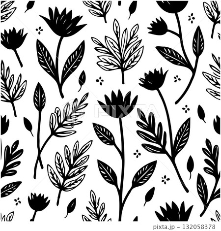 Elegant floral pattern in black and white with hand-drawn botanical elements 132058378