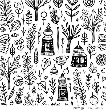 Whimsical black and white doodle pattern featuring trees, foliage, and architectural elements Whimsical black and white doodle pattern featuring trees, foliage, and architectural elements 132058497