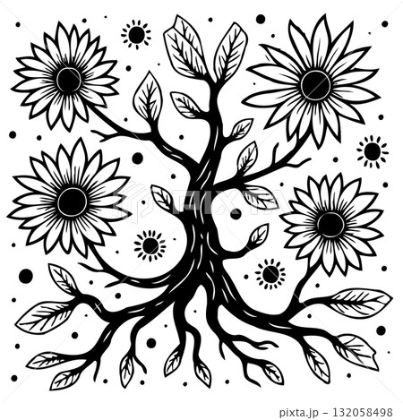 Stylized floral pattern with branching tree and blooming sunflowers creating unity Stylized floral pattern with branching tree and blooming sunflowers creating unity 132058498