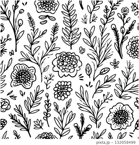 Botanical vector pattern featuring diverse flowers and foliage in a monochrome palette Botanical vector pattern featuring diverse flowers and foliage in a monochrome palette 132058499