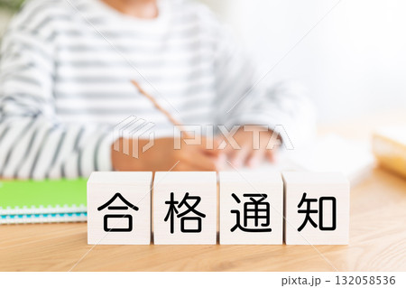 合格通知のブロックと勉強をする小学生の男の子 132058536