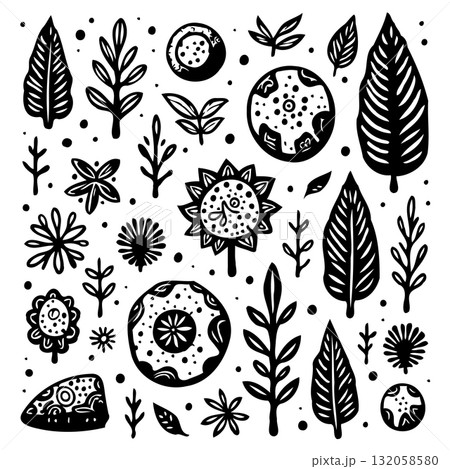 Whimsical black and white floral and plant doodle pattern for creative designs Whimsical black and white floral and plant doodle pattern for creative designs 132058580