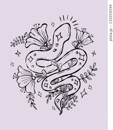 Outline Mystical snake with Flowers Plants. Textured Hand Drawn Doodle. Sketch kundalini for design, symbolizing magic and transformation. Vector Illustration. Not AI Outline Mystical snake with Flowers Plants. Textured Hand Drawn Doodle. Sketch kundalini for design, symbolizing magic and transformation. Vector Illustration. Not AI 132058594