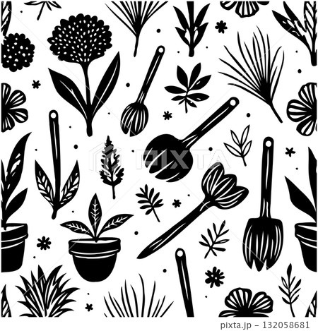 Botanical bliss: Monochrome seamless pattern of hand-drawn flowers and garden tools Botanical bliss: Monochrome seamless pattern of hand-drawn flowers and garden tools 132058681