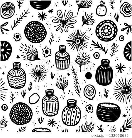Whimsical hand-drawn floral and botanical seamless pattern in black and white 132058683