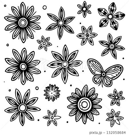 Elegant botanical vector illustration showcasing diverse flower and butterfly shapes 132058684