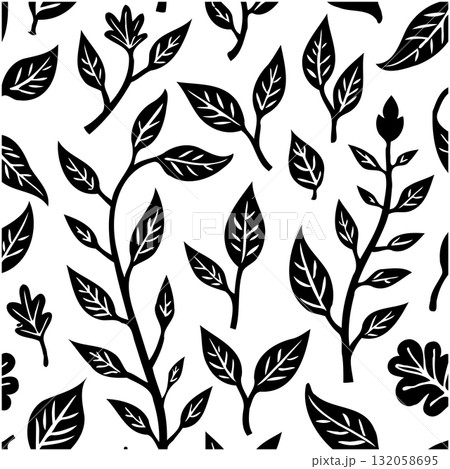 Elegant botanical seamless pattern with stylized leaves and branches in black and white Elegant botanical seamless pattern with stylized leaves and branches in black and white 132058695