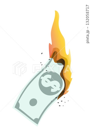 American paper dollar bill burns in the bright flames of inflation. Losses from high inflation and devaluation. Cartoon vector isolated on white background American paper dollar bill burns in the bright flames of inflation. Losses from high inflation and devaluation. Cartoon vector isolated on white background 132058717