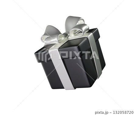 3D Black Gift Box with a white Ribbon and Bow. A stylized icon perfect for Black Friday, holiday, birthday, or Christmas. Ideal for greeting cards and promotional materials. 3D rendering  132058720