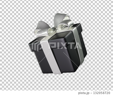 3D Black Gift Box with a white Ribbon and Bow. A stylized icon perfect for Black Friday, holiday, birthday, or Christmas. Ideal for greeting cards and promotional materials. 3D rendering  132058720
