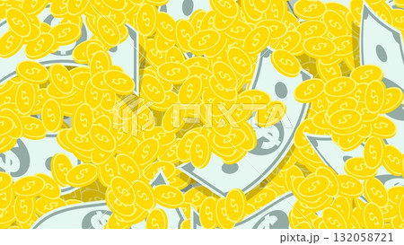 Pile of paper dollars and American gold coins mixed into one big pile. Backdrop for advertising of banking services. 3D vector background top view at an angle 132058721