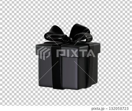 3D Black Gift Box with a Black Ribbon and Bow. A stylized icon perfect for Black Friday, holiday, birthday, or Christmas. Ideal for greeting cards and promotional materials. 3D rendering  3D Black Gift Box with a Black Ribbon and Bow. A stylized icon perfect for Black Friday, holiday, birthday, or Christmas. Ideal for greeting cards and promotional materials. 3D rendering  132058723