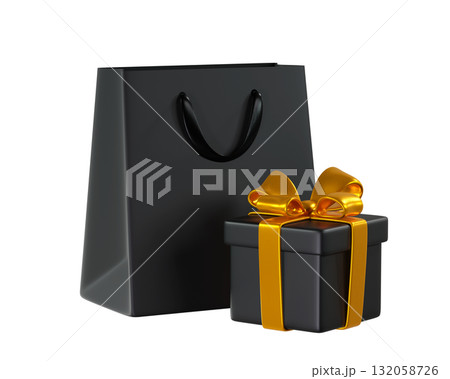 3D Black Shopping Bag and Black Gift Box with a Gold Ribbon and Bow. A stylized icon perfect for Black Friday, holiday, Birthday, or Christmas. 3D rendering  132058726