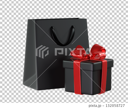 3D Black Shopping Bag and Black Gift Box with a Red Ribbon and Bow. A stylized icon perfect for Black Friday, holiday, Birthday, or Christmas. 3D rendering  132058727