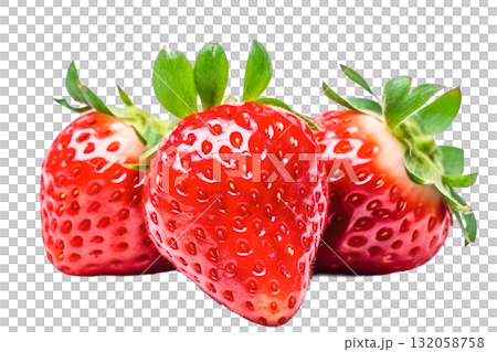 Fresh strawberries arranged together showcasing vibrant red color and lush green leaves, perfect for culinary presentations and healthy eating concepts. Isolated on transparent background. 132058758
