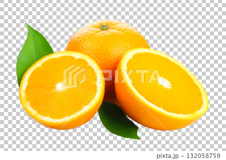 Fresh oranges with vibrant orange color, one whole and two halves, surrounded by green leaves, showcasing juicy texture and natural appeal. Isolated on transparent background. Fresh oranges with vibrant orange color, one whole and two halves, surrounded by green leaves, showcasing juicy texture and natural appeal. Isolated on transparent background. 132058759