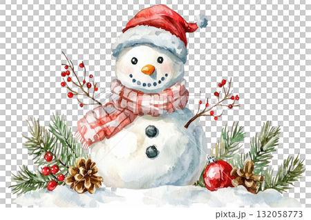 Watercolor illustration of a cheerful snowman wearing a red hat and scarf, surrounded by pine branches and festive decorations for winter holidays. Isolated on transparent background. Watercolor illustration of a cheerful snowman wearing a red hat and scarf, surrounded by pine branches and festive decorations for winter holidays. Isolated on transparent background. 132058773
