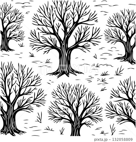 Monochrome forest illustration with bare trees against a patterned background Monochrome forest illustration with bare trees against a patterned background 132058809