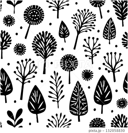 Whimsical woodland: a seamless pattern of illustrated plants in black and white Whimsical woodland: a seamless pattern of illustrated plants in black and white 132058830