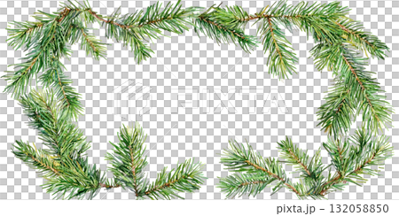 Green pine branches arranged in a decorative frame, showcasing natural textures and vibrant colors, perfect for seasonal designs and festive themes. Isolated on transparent background. 132058850