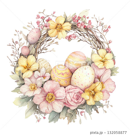 Watercolor illustration of a floral wreath adorned with colorful Easter eggs and delicate flowers, symbolizing springtime celebration and renewal. Isolated on transparent background. Watercolor illustration of a floral wreath adorned with colorful Easter eggs and delicate flowers, symbolizing springtime celebration and renewal. Isolated on transparent background. 132058877