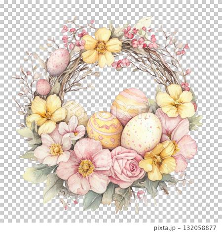 Watercolor illustration of a floral wreath adorned with colorful Easter eggs and delicate flowers, symbolizing springtime celebration and renewal. Isolated on transparent background. Watercolor illustration of a floral wreath adorned with colorful Easter eggs and delicate flowers, symbolizing springtime celebration and renewal. Isolated on transparent background. 132058877
