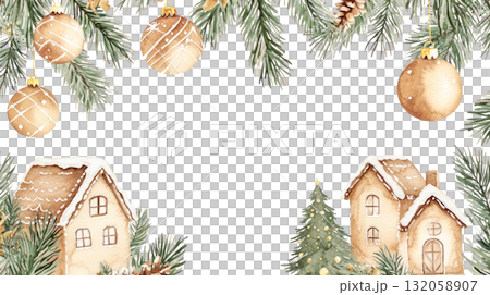 Watercolor illustration of festive winter scene with decorated houses, pine branches, and ornaments, creating a cozy holiday atmosphere with copy space. Isolated on transparent background. 132058907